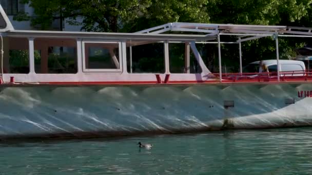 Zeitlupe Stehendes Boot Das Sonnigen Tagen Hafen Anlegt Hintergrund Ein — Stockvideo