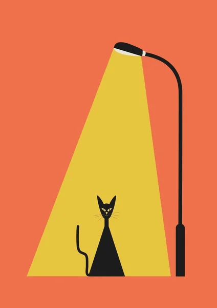 Black Cat Street Light Orange Background Flat Design Illustration Vector — Stock Vector