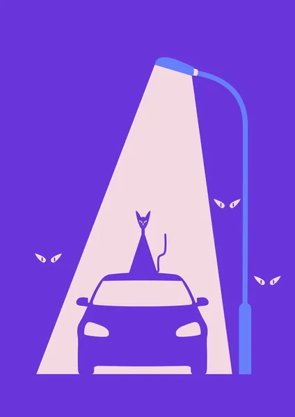 Cat Car Street Light Creepy Eyes Shadow Purple Background Monochromatic — Stock Vector