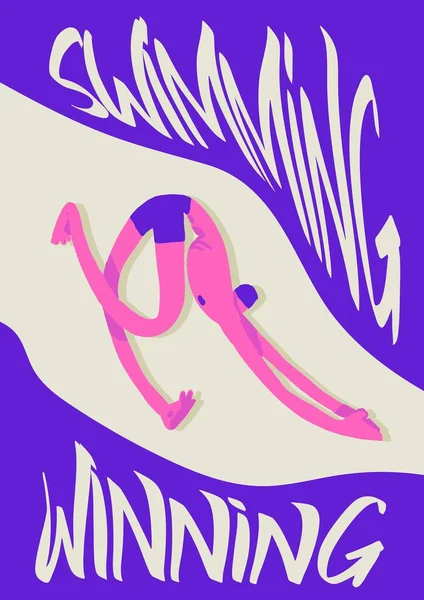 Победа Плавании Красочный Плакат Пловца Прыгающего Воду Забавной Типографикой Концепция — стоковый вектор