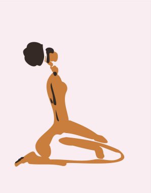 Kadın diz çöker ve toprak tonuyla zen yapar ve soyut suluboya ile soyut şekiller çizer. Baskı sanatı, sanat endüstrisi ve moda için barışçıl illüstrasyon vektörü