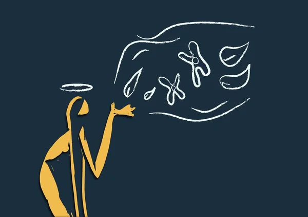 Tebeşir gibi tebeşirle çizilmiş kadın sarı figür ve karatahtadaki rüzgarlı çiçekler. Basit ve minimalist mecazi ve dışavurumculuk sanatı.