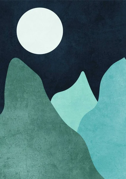 Montanhas Abstratas Formas Irregulares Lua Cheia Fundo Azul Escuro Triste — Fotografia de Stock