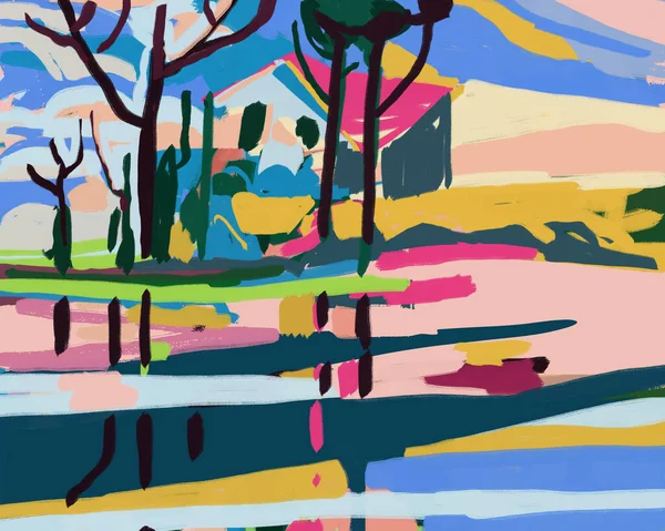 Ένα Σπίτι Κοντά Λίμνη Χαρούμενα Και Ζωντανά Χρώματα Εικονογράφηση Τοπίου — Φωτογραφία Αρχείου