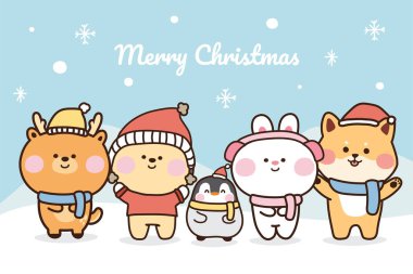 Hayvan çizgi film tasarımı. Kış konsepti. Mutlu noeller. Geyik, Ayı, penguen, tavşan, shiba inu köpek. Kart, arkaplan, pankart, duvar kağıdı, bebek yapımı..