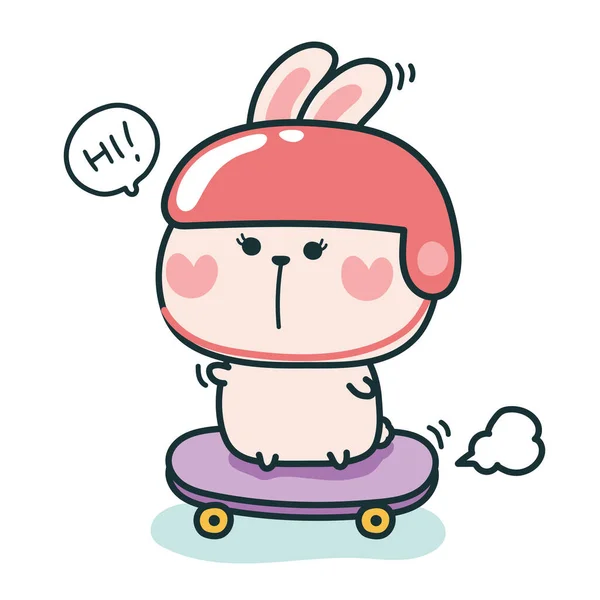 Söt Kanin Säga Hej Skateboard Cartoon Djur Karaktär Design Kawaii — Stock vektor