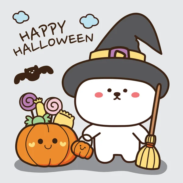 Halloween Concept Cute Bear Witch Cartoon White Background Pumpkin Candy — Stock Vector