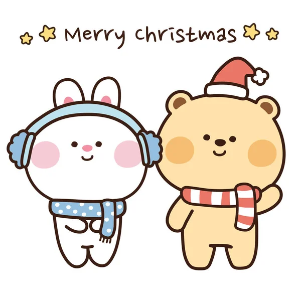 Merry Christmas Text Happy New Year Concept Rabbit Bear Cartoon — стоковый вектор