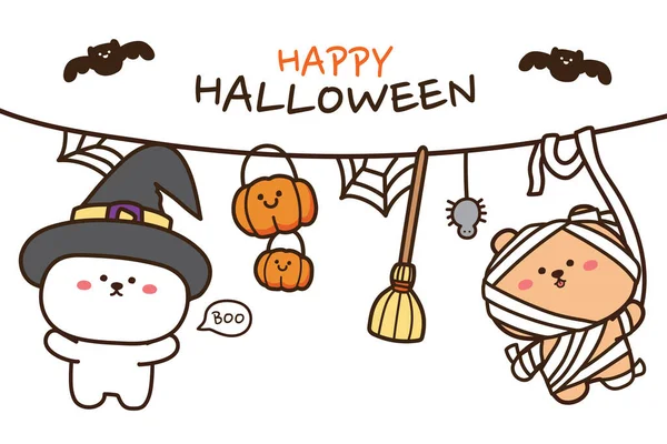 Cute Bear Hang Rope Banner Happy Halloween Concept Cartoon Animal — Stock Vector