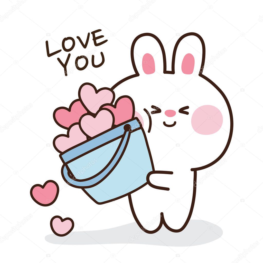 Cute rabbit hold heart in bucket in cartoon.Animal character design.Graphic.Baby bunny.Love you text.Vector.Illustration.Illustrator