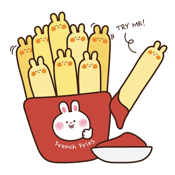 Πατάτες Τηγανητές Σχήμα Κουνελιού Σάλτσα Ντομάτας Cartoon Δοκιμάστε Text Kawaii — Διανυσματικό Αρχείο