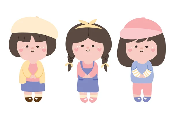 Set Cute Kid Cartoon Pastel Color Little Girl Character Design — Stock Vector