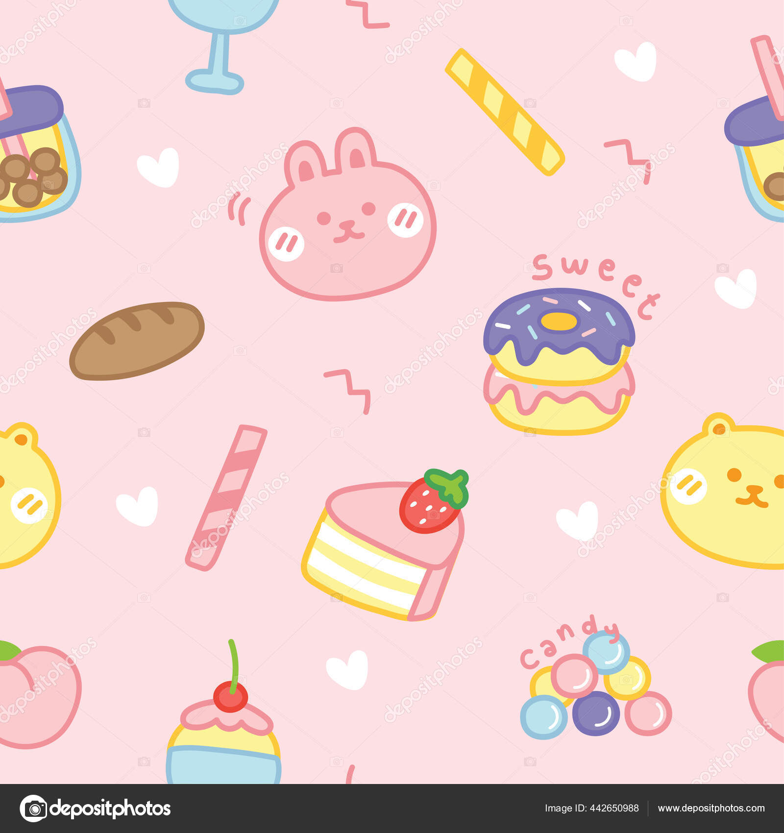 Seamless Pattern Cute Cartoon Dessert Concept Rabbit Bear Candy Donut Stock  Vector Image by ©ma_nud_sen #442650988