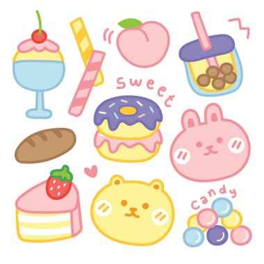 Tatlı el çizimi. Tatlı konsepti. Tavşan, ayı, şeker, çörek, sütlü çay, ekmek, şeftali karalaması. Çocuk grafiği çizimi..