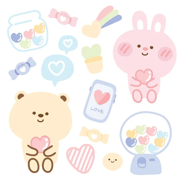 Amor Concept Pastel Color Set Desenhos Animados Bonitos Animals Rabbit — Vetor de Stock