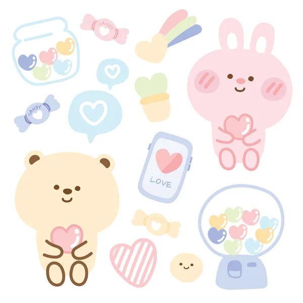 Love Concept Pastel Color Set Cute Cartoon Animals Rabbit Bear — стоковый вектор