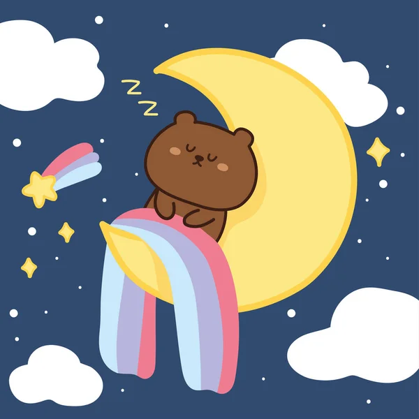 Bonito Urso Dormir Lua Mão Drawn Animals Personagem Design Night —  Vetores de Stock