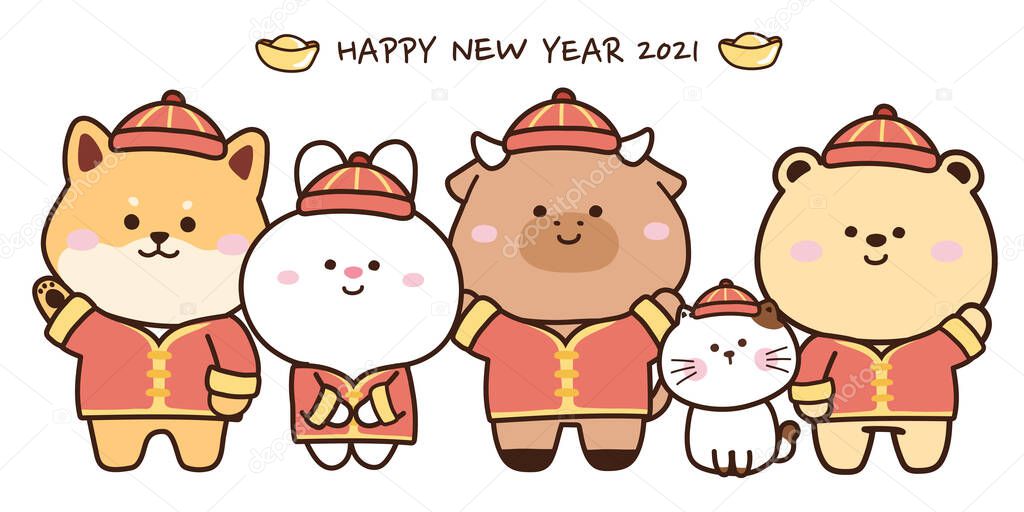 Cute animals wearing costume in happy chinese new year concept.2021.Ox zodiac.Shiba inu dog,rabbit,cow,cat,bear hand drawn.Kid graphic cartoon design.Vector.Illustration.