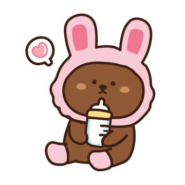 Sevimli ayı tavşan şapkası giyer. Beyaz arka planda süt şişesi bulundurur. Hayvan çizgi film karakteri tasarımı. Bebek grafiği..