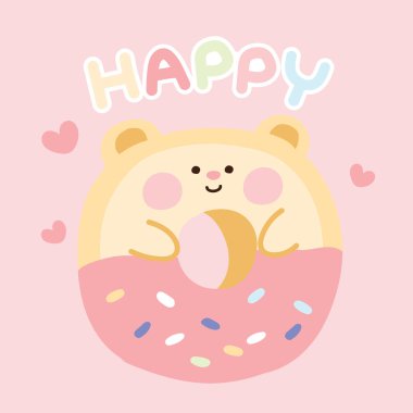 Ayı şeklindeki tatlı çörek. Pastel konsepti. Mutlu yazı. Çocuk grafik tasarımı. Pink.Kawaii.Vector.Illustration.