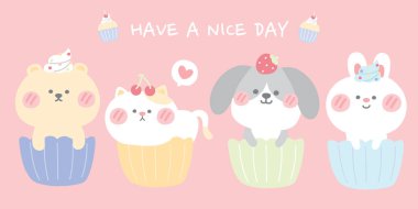 Pastel kavramı. Pembe arkaplanlı şirin hayvanlar. Çizgi film karakteri tasarımı. Ayı, kedi, köpek, tavşan eli çizimi..