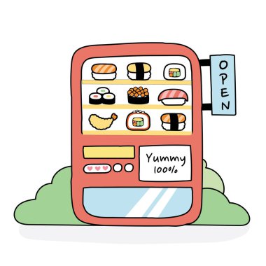 Çizgi filmdeki suşi otomatları. Japon yemek konsepti. Hoş el çizimi. Grafik çizimi..