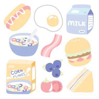 Beyaz arka planda şirin bir yemek karikatürü. Pastel rengi. Sosisli sandviç, yumurta, süt, mısır gevreği, pastırma, sandviç, domates, mavilik, hamburger.Kahvalt..