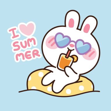 Yüzme ringinde şirin bir tavşan. Hayvan çizgi film karakteri tasarımı. Geçmiş. Tatil. Rahatla. Kawaii.Vector.
