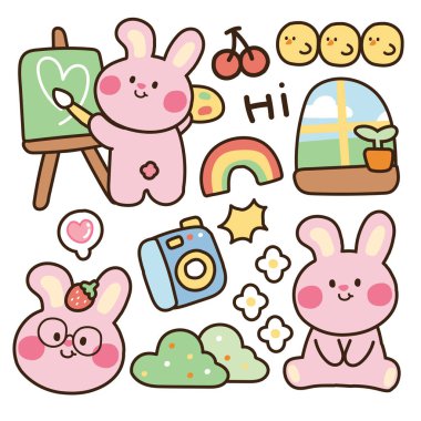 Sabah rahatlama kavramı. Sevimli çıkartma el çizimi. Hayvan karakteri tasarımı. Pembe tavşan. Çocuk grafiği..