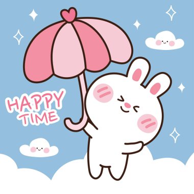 Gökyüzünde şirin tavşan şemsiyesi. Hayvan çizgi film karakteri tasarımı. Mutlu zaman mesajı. Bebek tavşan..