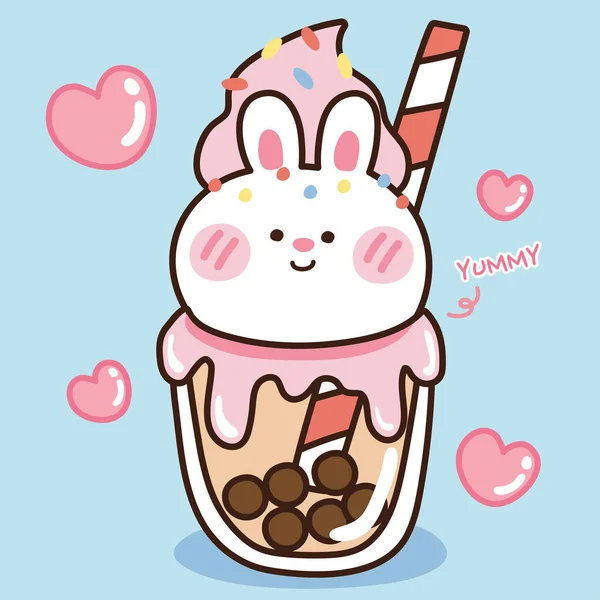 Bubble Milk Tea Rabbit Face Blue Background Animal Cartoon Sweet — 스톡 벡터