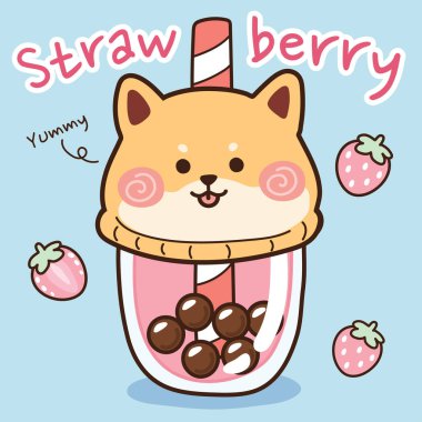 Bubble strawberry milk in shiba inu dog cup. Strawberry flavor beverage.Yummy writing.Kawaii. Japanese dog cartoon.Vector.Illustration.Illustrator. clipart