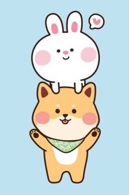 Sevimli hayvan karakteri tasarımı. Köpek ve tavşan. Japon köpeği. Kawai. Kart. Poster. İllüstrasyon..