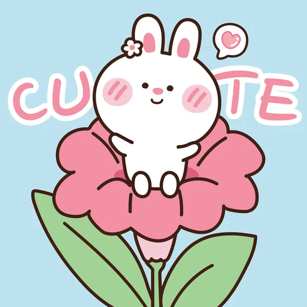 Illustrazione Vettoriale Simpatico Coniglio Sedersi Rosa Flower Animal Disegno Mano — Vettoriale Stock