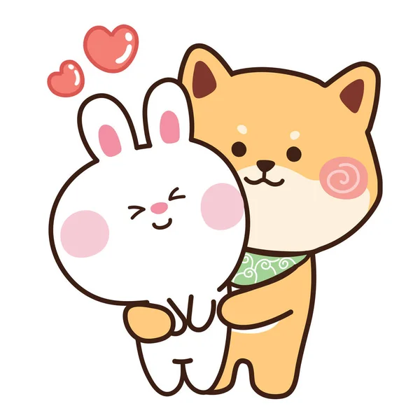 Cute Dog Hug Rabbit Animal Character Design Cartoon Kawaii Illustration — Stock Vector