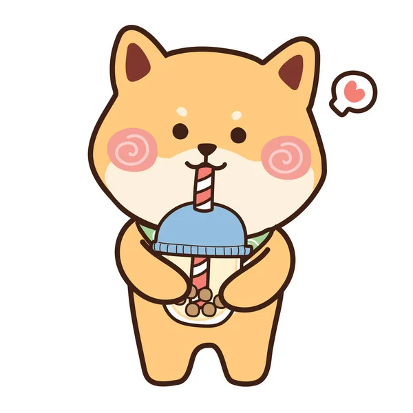 Shiba Inu Chien Buvant Thé Lait Bulle Design Mignon Dessin — Image vectorielle