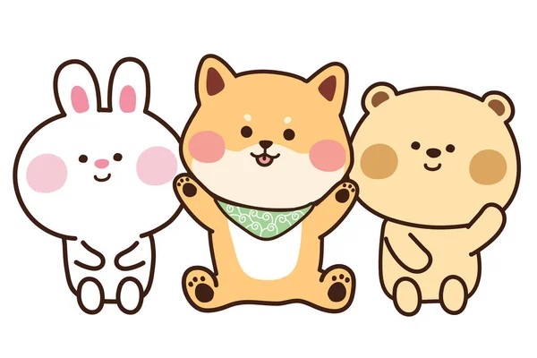 Vektorillustration Der Niedlichen Tiergruppe Sitzend Kaninchen Hund Bär Cartoon Shiba — Stockvektor