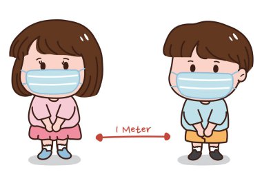 Ayakta duran ve yüz maskesi takan bir çocuk. Sosyal mesafeler COVID-19 Coronavirus afişi. Çizgi film karakteri tasarımı..