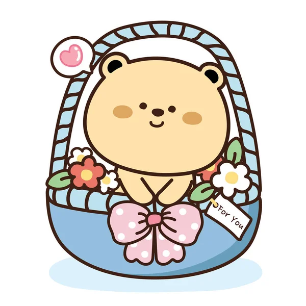 Bonito Oso Flor Azul Basket Teddy Oso Cartoon Animal Personaje — Vector de stock