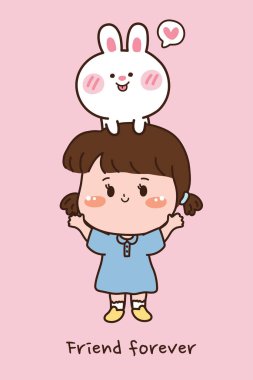 Sonsuza dek arkadaş mesajı. Beyaz tavşan ve kız. Güzel çizgi film karakteri tasarımı. Hayvan eli çizilmiş. Çizim. Çizer..