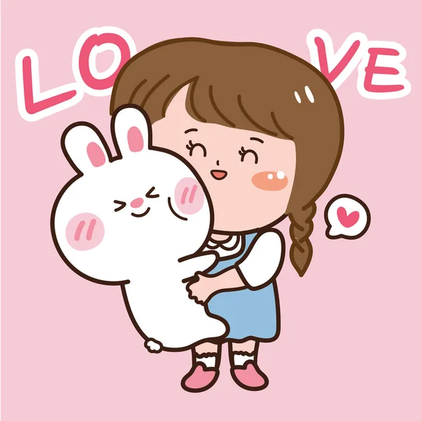 Cute Girl Hug Lovely Rabbit Pink Background Animal Kid Character — Stock Vector