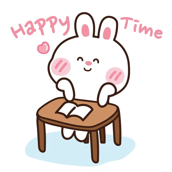 Sevimli Tavşan Gülümse Sandalyeye Otur Mutlu Zaman Mesajı Karikatür Hayvan — Stok Vektör
