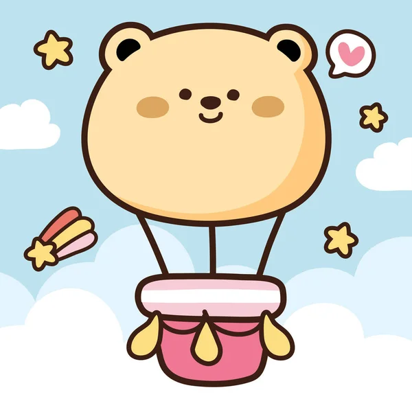 Cute Misiek Balon Gwiazdą Tle Niebieskiego Nieba Nimal Cartoon Kawaii — Wektor stockowy