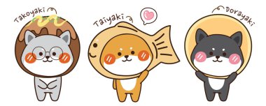 Çizgi film tasarımlı bir Shiba Inu köpeği seti. Hayvanlar için el çizimi. Japon tatlıları ve köpekleri. Kawai Vector..