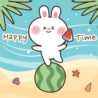 Karpuz karpuzunda dondurma olan şirin bir tavşan. Neşeli zaman çizimi. Deniz. Hayvan çizgi filmi tasarımı. Çocuk grafiği..