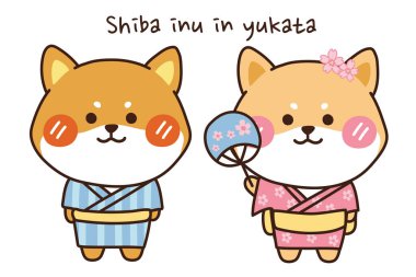 Shiba Inu 'nun yukata eli beyaz arka planda çizilmiş. Japon köpek çizgi film karakteri tasarımı. Hoş hayvan karalaması. Sakura..
