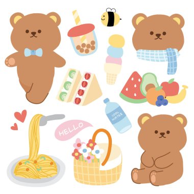 Pastel kavramı. Kahvaltı pikniği karikatürlü şirin ayı. Hayvanlar için karakter tasarımı..