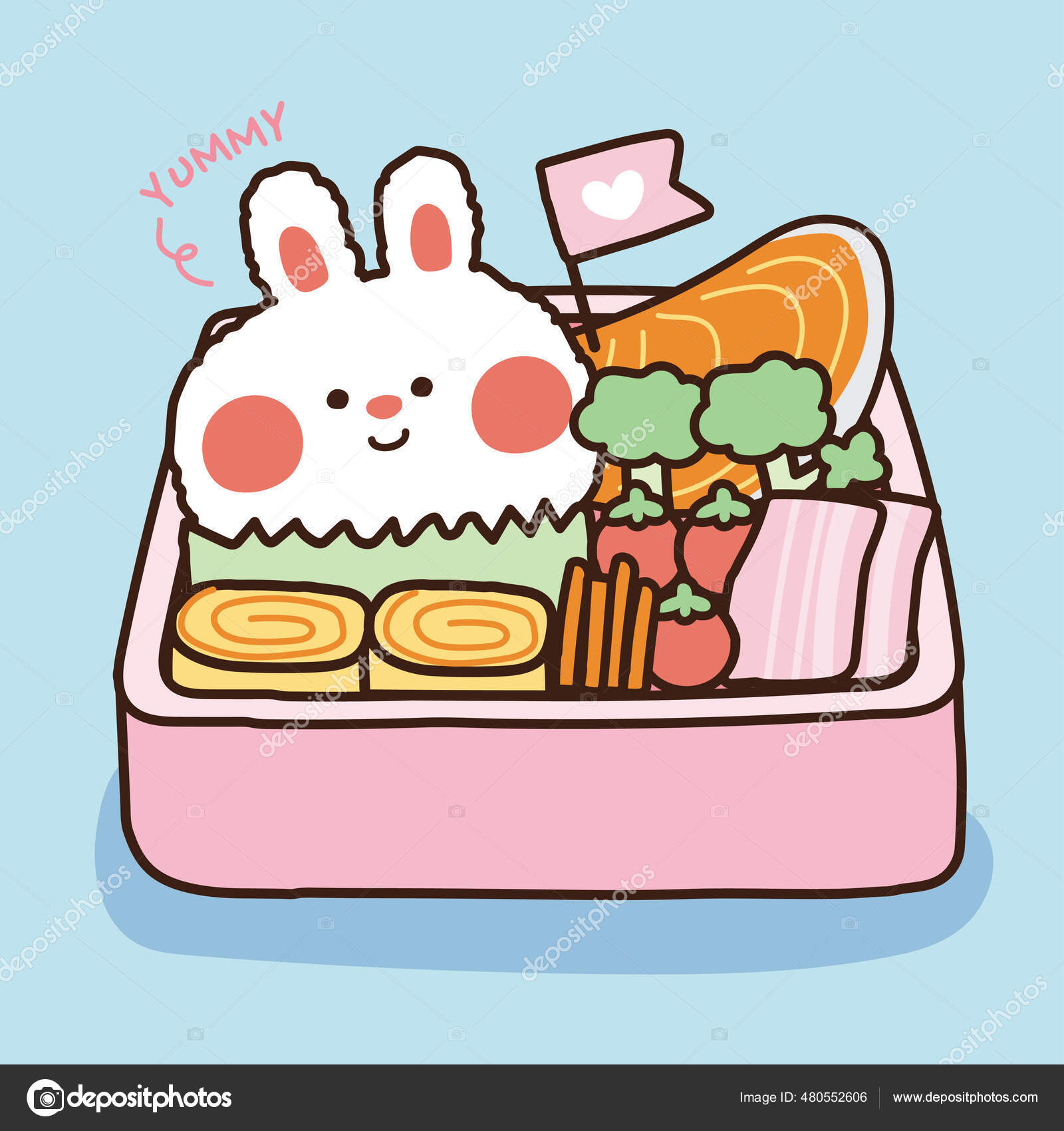 Cute Japanese Lunch Bento Box Blue Background Rabbit Concept Yummy
