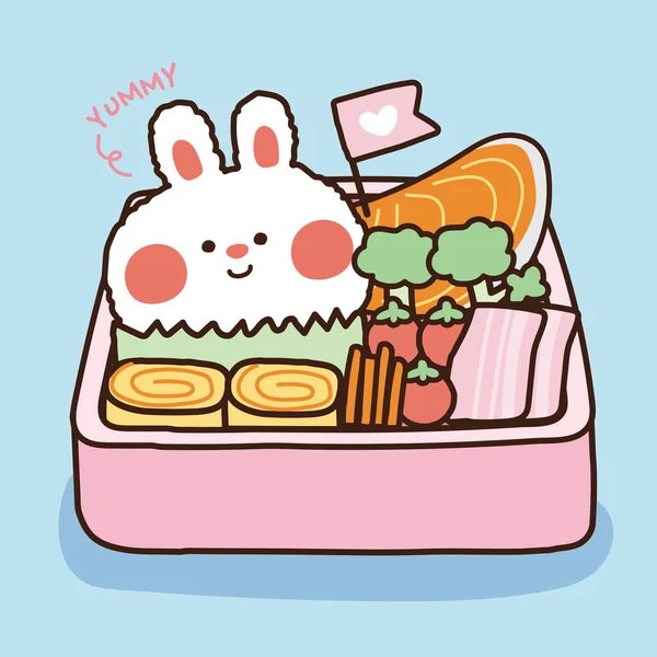 Lindo Almuerzo Japonés Caja Bento Sobre Fondo Azul Concepto Conejo — Vector de stock