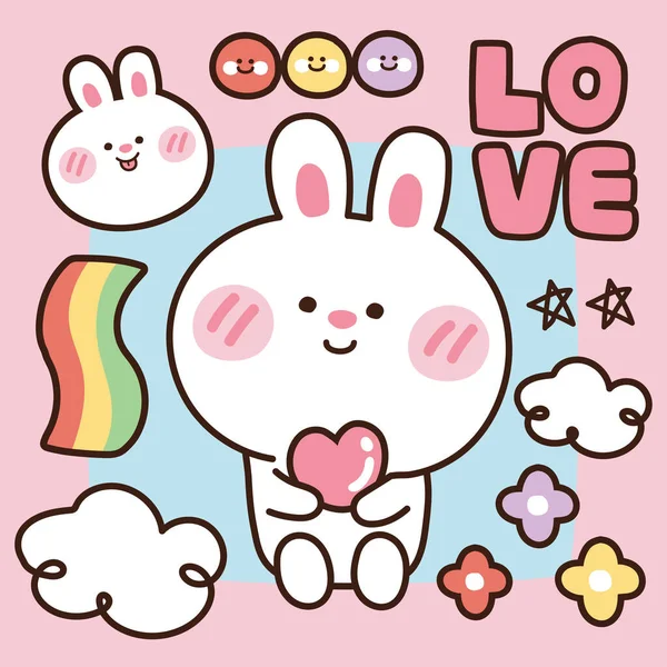 かわいいウサギはピンクの背景に心を保持します 動物の文字のデザイン 愛のテキスト Diy Sticker手描き — ストックベクタ